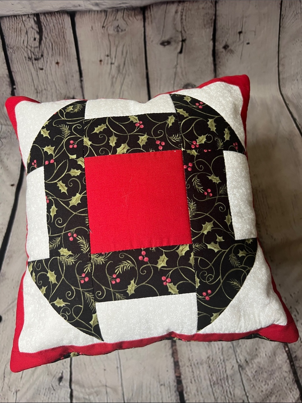 Handmade Quilted Christmas Throw Pillow Holly Berry Patchwork Holiday Decor 10"